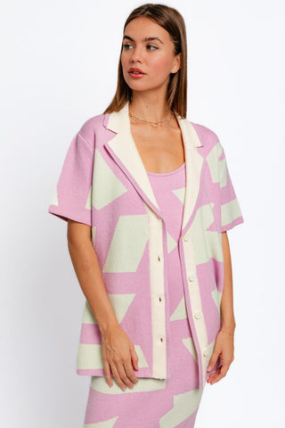 Le Lis Abstract Contrast Short Sleeve Collared Cardigan