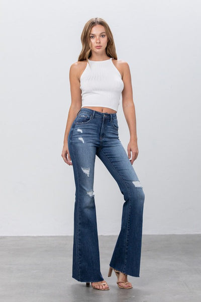 MID RISE DARK WASH FLARE JEANS