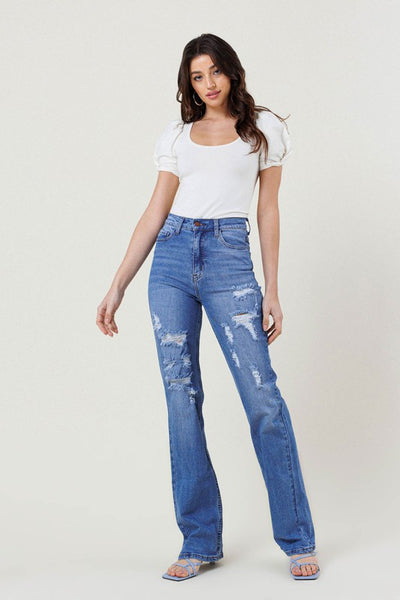 High Rise Distressed Straight Leg Jeans