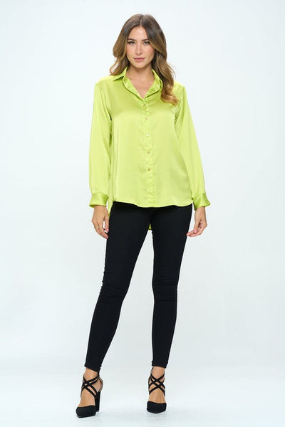 Stretch Satin V neck Blouse with Collar