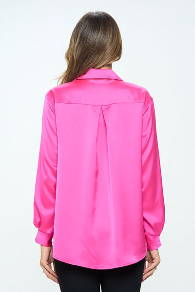 Stretch Satin V neck Blouse with Collar