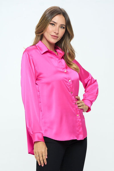 Stretch Satin V neck Blouse with Collar