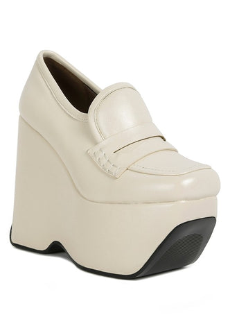 GILLIAM Beige High Platform Wedge Loafers