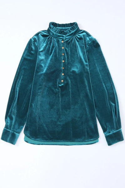 Velvet Button Frilled Neck Blouse Top