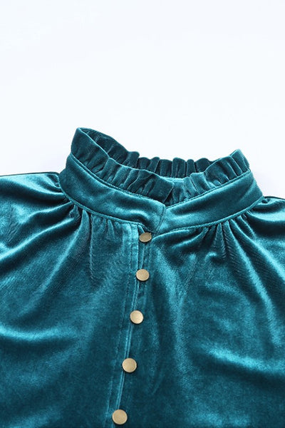 Velvet Button Frilled Neck Blouse Top