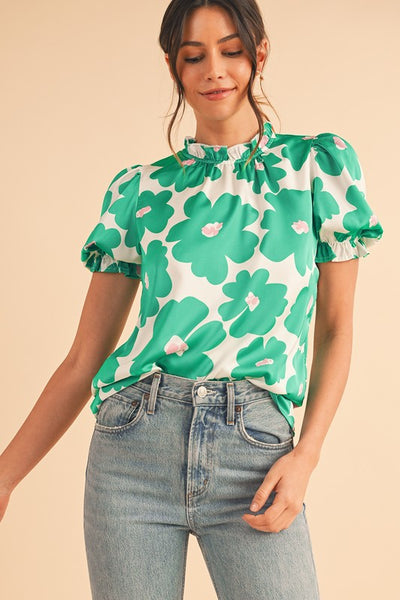 Green Floral Puff Sleeve Frill Neckline Blouse