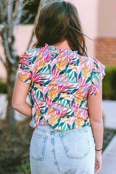 Abstract Print Ruffled Flutter Shoulder Blouse