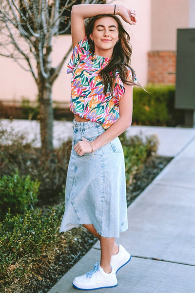 Abstract Print Ruffled Flutter Shoulder Blouse