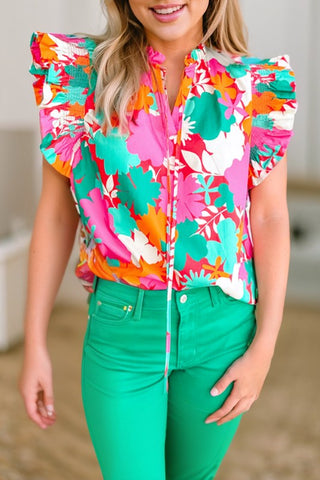 Floral Tie Split Neck Ruffle Trim Blouse