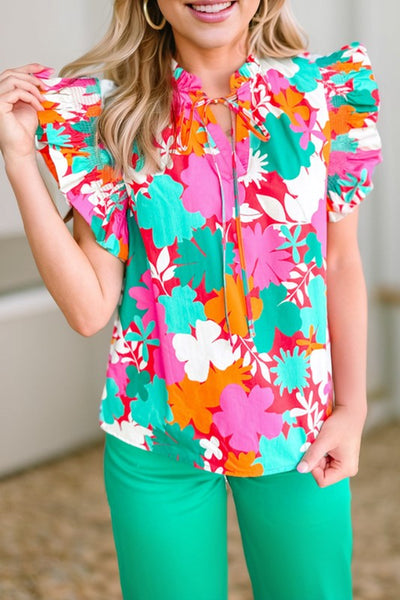 Floral Tie Split Neck Ruffle Trim Blouse