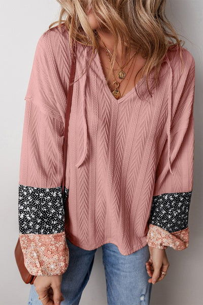 Patchwork Textured Knit Drawstring V Neck Blouse