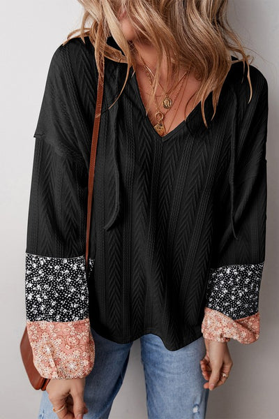 Patchwork Textured Knit Drawstring V Neck Blouse