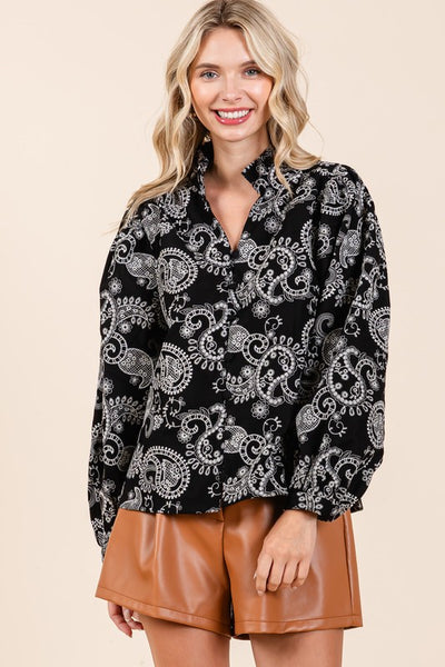 Plus Paisley Eyelet Laced Button-Up Blouse