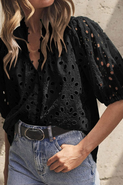 Women Embroidered Hollow-out Puff Sleeve Blous