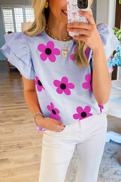 Women Floral Print Ruffled Flutter Sleeve Blouse