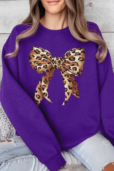 Leopard Print Bow Graphic Fleece Sweatshirts