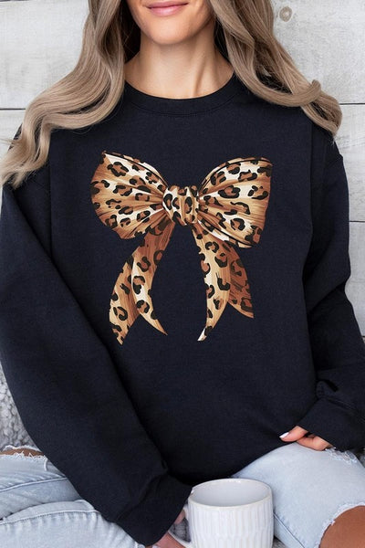 Leopard Print Bow Graphic Fleece Sweatshirts