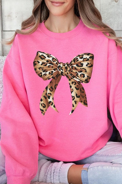 Leopard Print Bow Graphic Fleece Sweatshirts