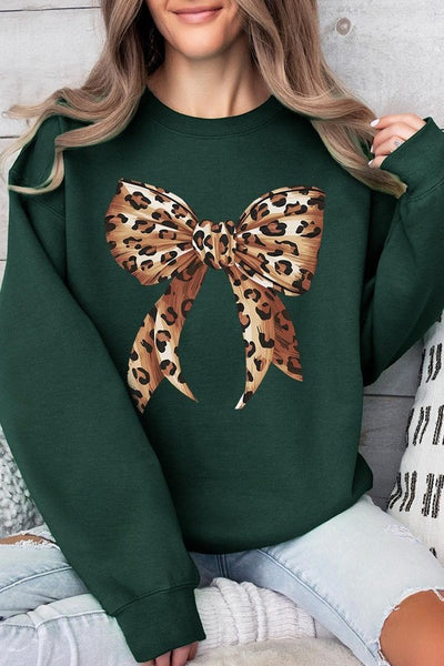 Leopard Print Bow Graphic Fleece Sweatshirts