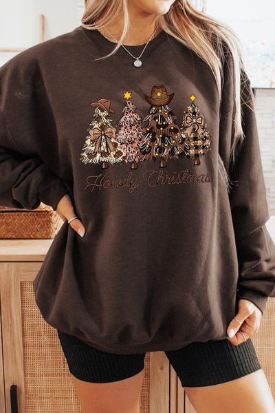 Howdy Christmas Tree Graphic Fleece Sweatshirts