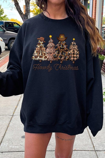 Howdy Christmas Tree Graphic Fleece Sweatshirts