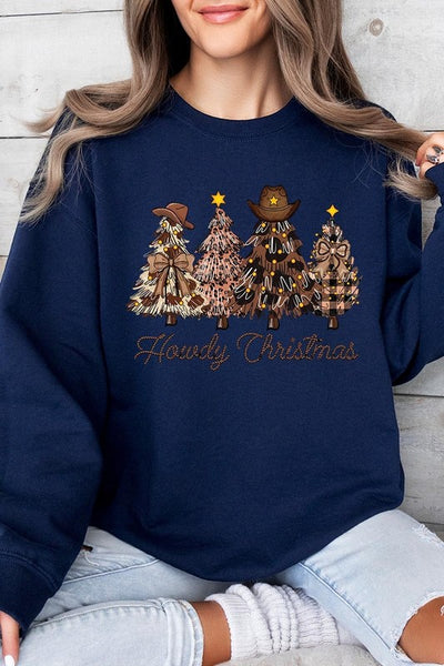 Howdy Christmas Tree Graphic Fleece Sweatshirts