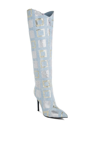 Sharmin Checkered Sequin Knee High Boots