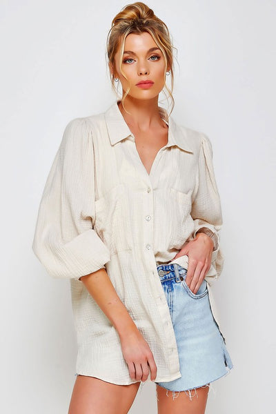 TEXTURED GAUZE BUTTON DOWN PUFF SLEEVES BLOUSE TOP