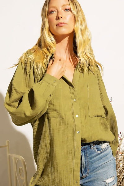 TEXTURED GAUZE BUTTON DOWN PUFF SLEEVES BLOUSE TOP