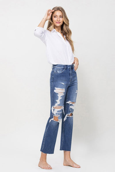 Distressed High Rise Ankle Relaxed Straight Jeans