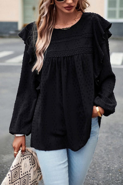 Women Eyelet Ruffle Shoulder Long Sleeve Blouse