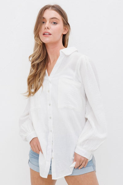 TEXTURED GAUZE BUTTON DOWN PUFF SLEEVES BLOUSE TOP