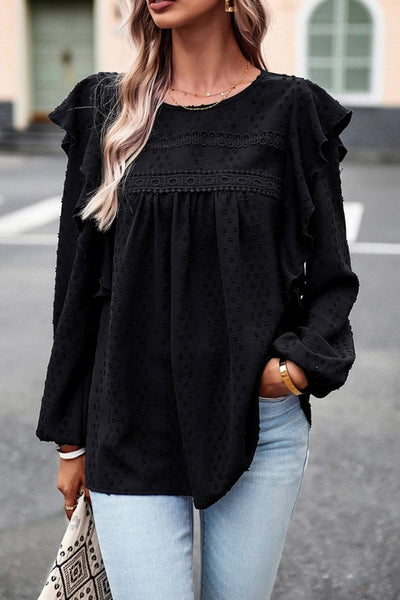 Women Eyelet Ruffle Shoulder Long Sleeve Blouse