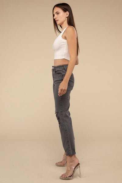 Acid Washed High Waist Distressed Straight Pants